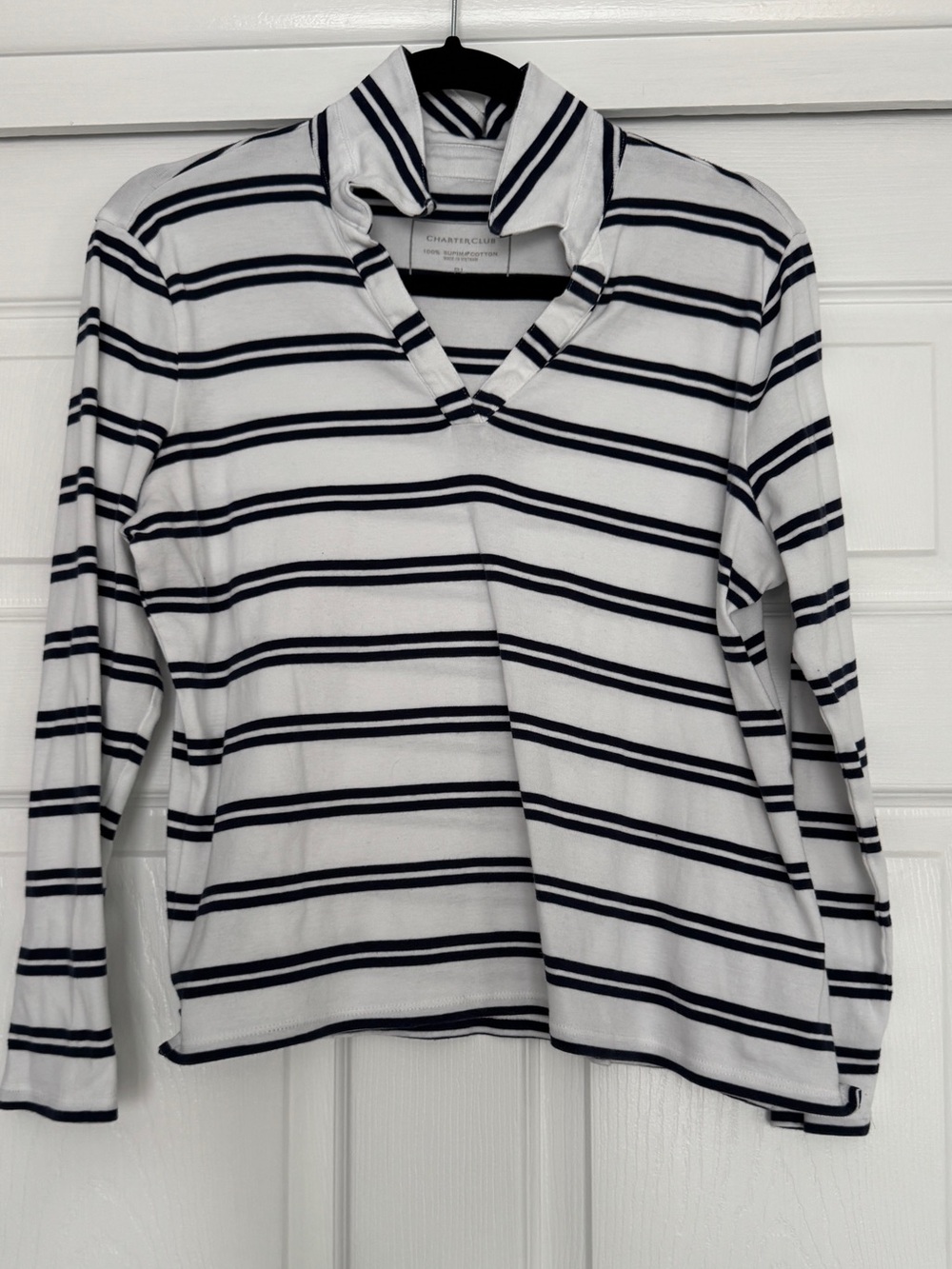 CHARTER CLUB | girls white with black striped v-neck collared top PETITE LARGE